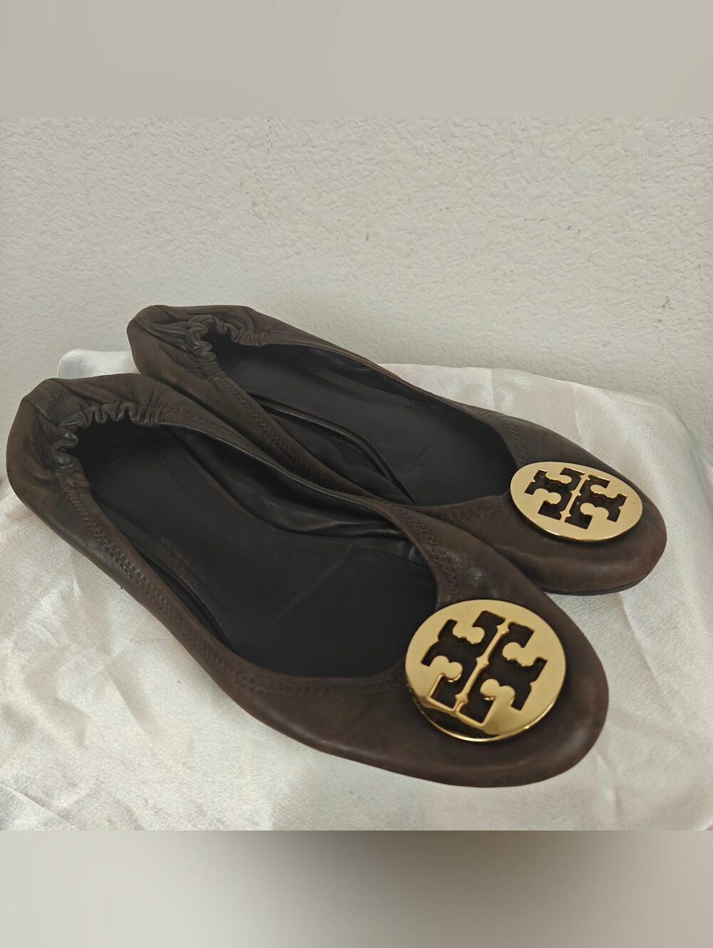 Tory Burch Brown Leather Reva Ballet Flats with Gold Logo